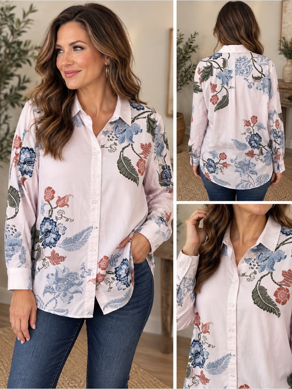 Chico's Size 3.5 (18) Blush Pink Floral Button-Down Shirt